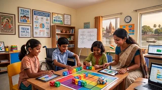 A teacher with three diverse children, including a boy in a wheelchair and a girl with a cochlear implant, collaborating on a tangible coding board game using physical blocks and tablets.